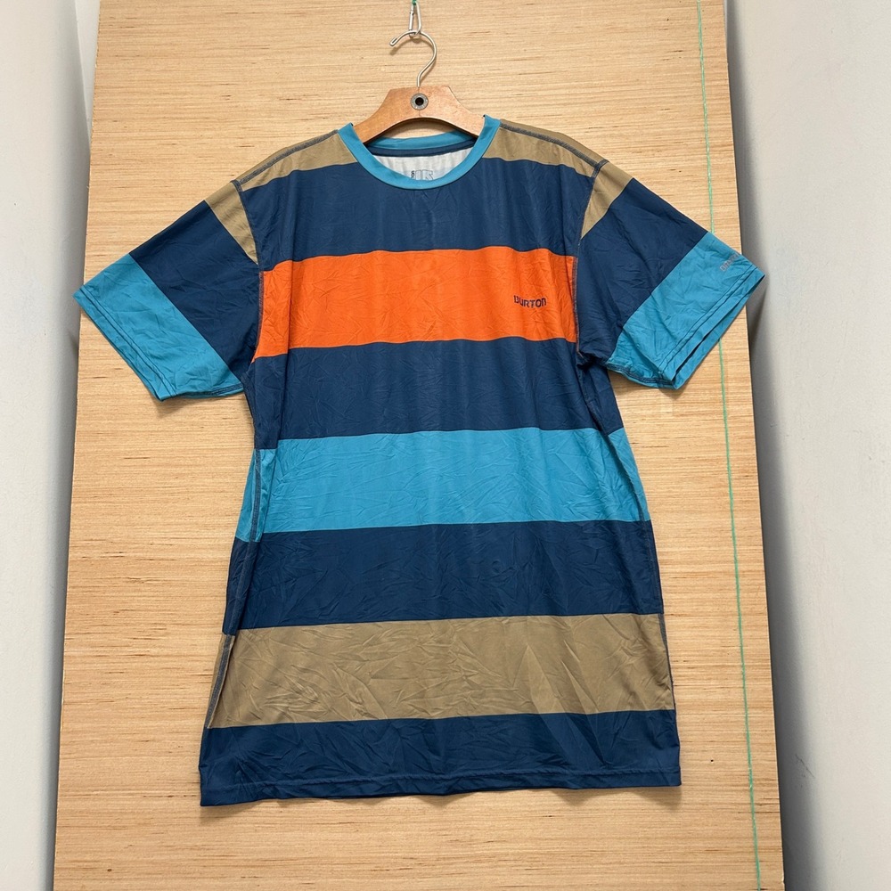 Burton Dryride Mens Large Striped Performance T-Shirt Blue Orange Activewear